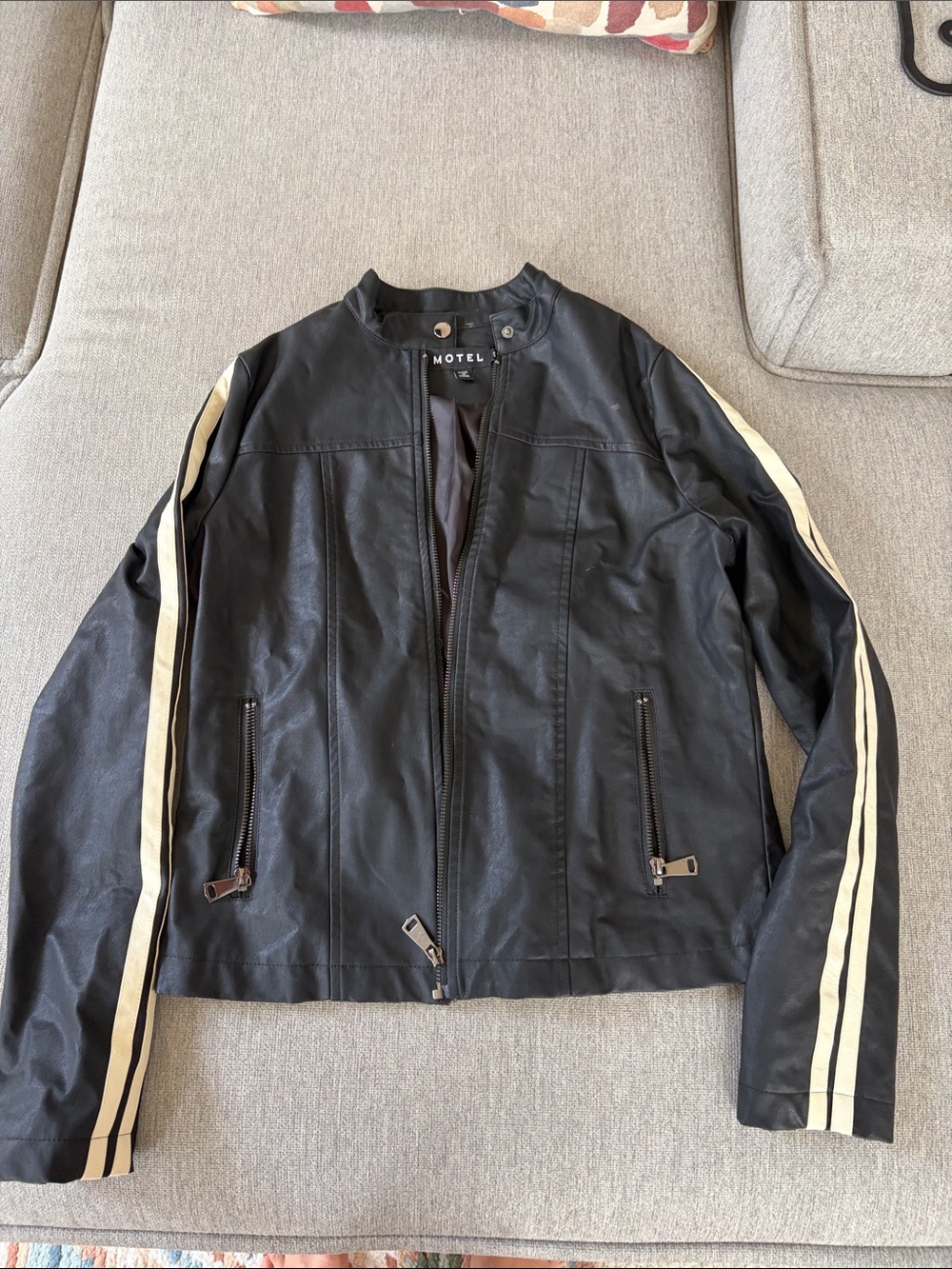 Motel Rocks Black Faux Leather Bomber Jacket with Cream Racing Stripes